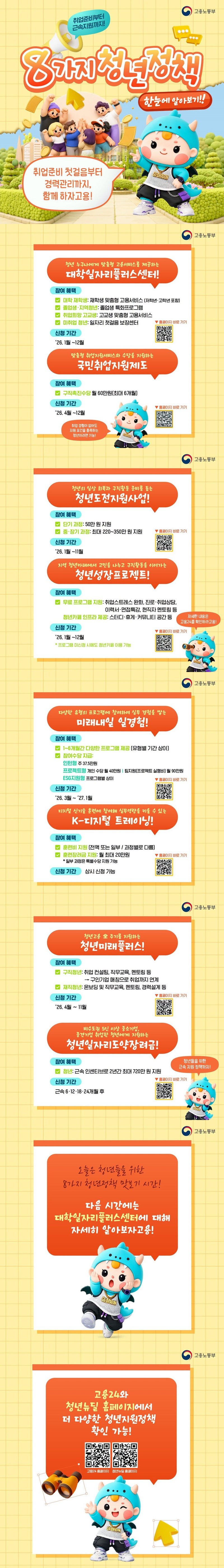 취업준비부터 근속지원까지! 8가지 청년정책 한눈에 알아보기!! 취업준비 첫걸음부터 경력관리까지, 함께 하자고용! ■ 청년 누구나에게 맞춤형 고용서비스를 제공하는 대학일자리플러스센터! · 참여 혜택 - 대학 재학생: 재학생 맞춤형 고용서비스(저학년·고학년 포함) - 졸업생·지역청년: 졸업생 특화프로그램 - 취업희망 고교생: 고교생 맞춤형 고용서비스 - 미취업 청년: 일자리 첫걸음 보장센터 · 신청 기간: '26.1월~12월 ■ 맞춤형 취업지원서비스와 수당을 지원하는 국민취업지원제도 · 참여 혜택 - 구직촉진수당 월 60만 원(최대 6개월) · 신청 기간: '26.4월~12월 취업 경험이 없어도 지원 요건을 충족하는 청년이라면 가능! ■ 청년의 일상 회복과 구직활동 준비를 돕는 청년도전지원사업! · 참여 혜택 - 단기 과정: 50만 원 지원 - 중·장기 과정: 최대 220~350만 원 지원 · 신청 기간: '26.1월~11월 ■ 지역 청년카페에서 고민을 나누고 구직활동을 이어가는 청년성장프로젝트! · 참여 혜택 - 무료 프로그램 지원: 취업스트레스 완화, 진로·취업상담, 이력서·면접특강, 현직자 멘토링 등 - 청년카페 인프라 제공: 스터디·휴게·커뮤니티 공간 등 · 신청 기간: '26.1월~12월 * 프로그램 미신청 시에도 청년카페 이용 가능 자세한 내용은 고용24를 확인하라고용! ■ 다양한 유형의 프로그램에 참여하여 실무 경험을 쌓는 미래내일 일경험! · 참여 혜택 - 1~6개월간 다양한 프로그램 제공 (유형별 기간 상이) - 참여수당 지급: 인턴형: 주 37.5만 원 프로젝트형: 개인 수당 월 40만 원 / 팀지원(프로젝트 실행비) 월 90만 원 ESG지원형: 프로그램별 상이 · 신청 기간: '26.3월~'27.1월 ■ 디지털 신기술 훈련에 참여해 실무역량을 키울 수 있는 K-디지털 트레이닝! · 참여 혜택 - 훈련비 지원 (전액 또는 일부 / 과정별로 다름) - 훈련장려금 지원: 월 최대 20만 원 * 일부 과정은 특별수당 지원 가능 · 신청 기간: 상시 신청 가능 ■ 청년고용 全 주기를 지원하는 청년미래플러스! · 참여 혜택 - 구직청년: 취업 컨설팅, 직무교육, 멘토링 등 → 구인기업 매칭으로 취업까지 연계 - 재직청년: 온보딩 및 직무교육, 멘토링, 경력설계 등 · 신청 기간: '26. 4월~11월 ■ 비수도권 5인 이상 중소기업, 중견기업 취업한 청년에게 지원하는 청년일자리도약장려금! · 참여 혜택 - 청년: 근속 인센티브로 2년간 최대 720만 원 지원 · 신청 기간: 근속 6·12·18·24개월 후 청년들을 위한 근속 지원 정책까지! 오늘은 청년들을 위한 8가지 청년정책 맛보기 시간! 다음 시간에는 대학일자리플러스센터에 대해 자세히 알아보자고용! 고용24와 청년뉴딜 홈페이지에서 더 다양한 청년지원정책 확인 가능! 